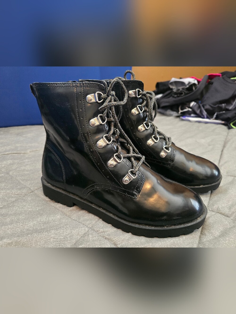 wonder nation Black Patent Lace-Up Combat Boots